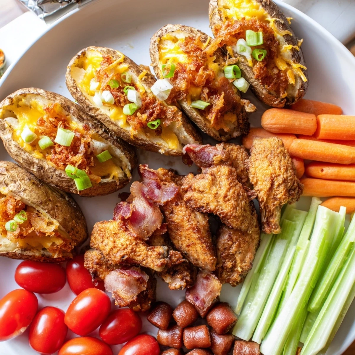 A Touchdown Football Tailgate Spread overflowing with crispy wings, loaded potato skins, and fresh veggies.