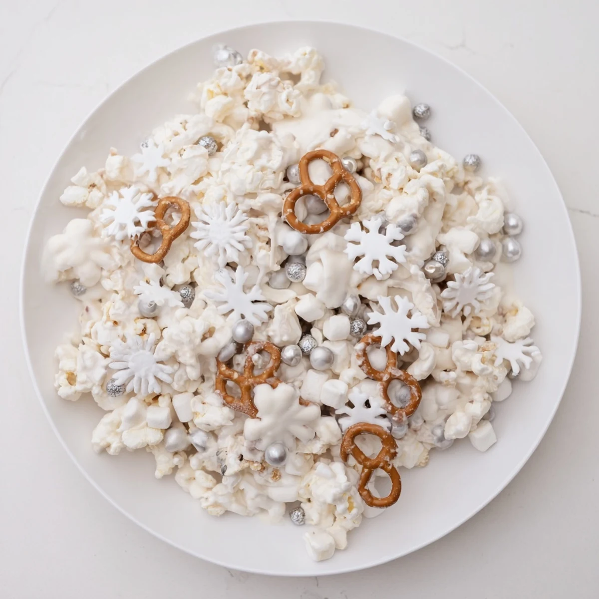 A festive Ski Season Snowflake Snack Mix, coated in white chocolate and snowy sprinkles.