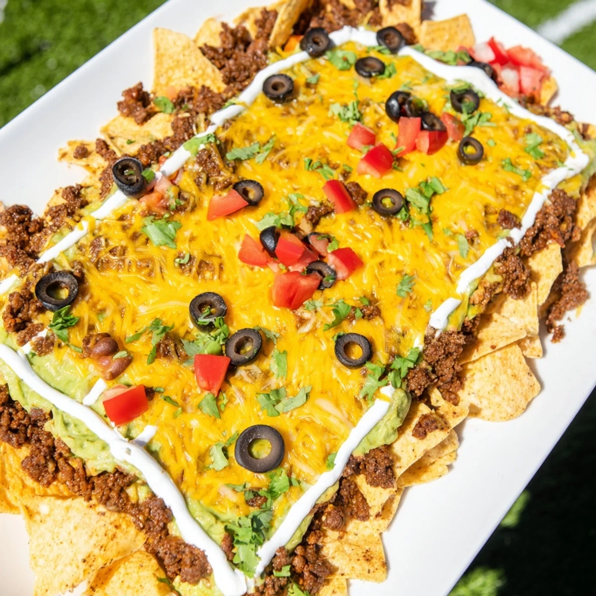 A delicious Soccer Field Nacho Platter presentation featuring a layered arrangement of savory tortilla chips and melted cheese.