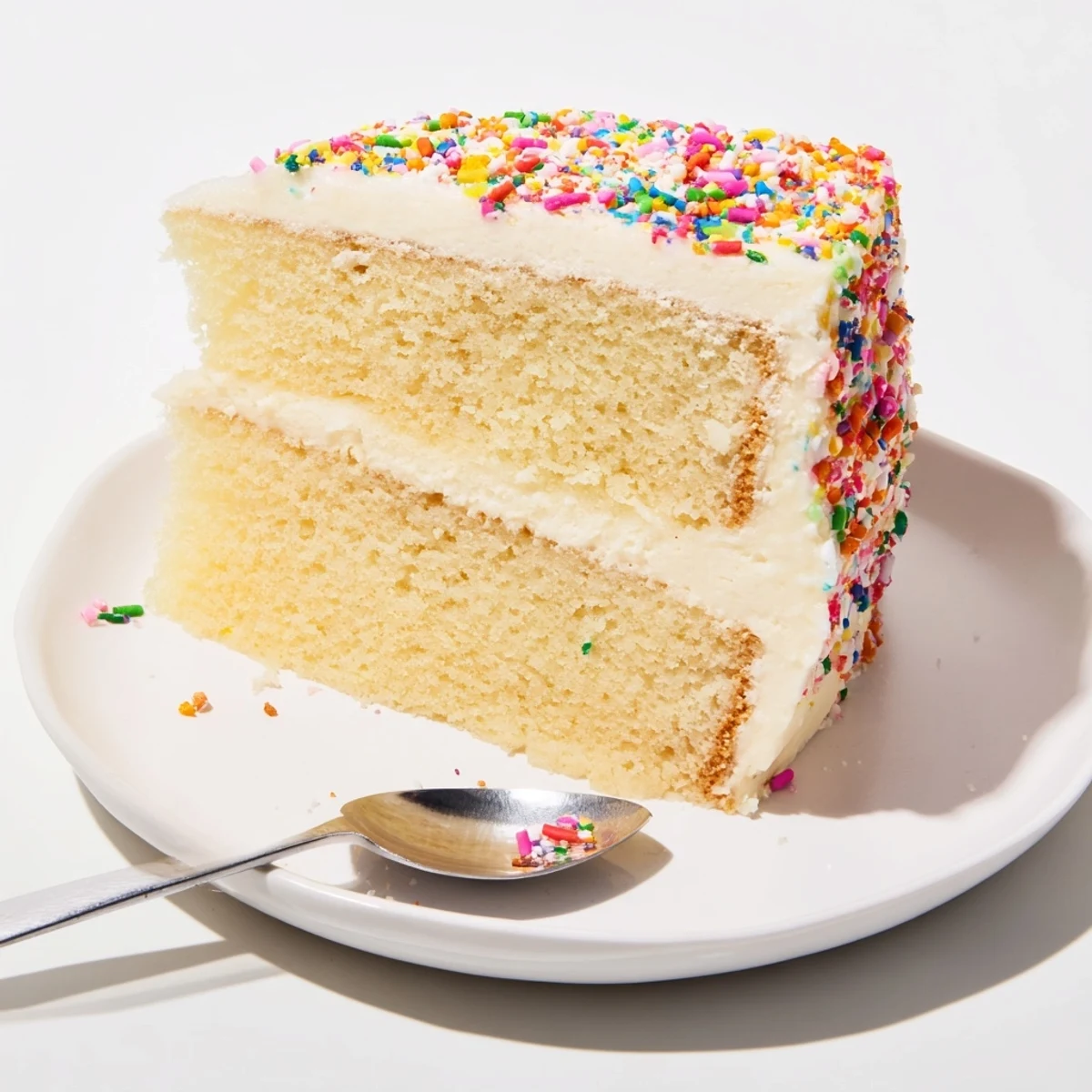 Moist vanilla cake topped with creamy frosting and colorful sprinkles, this Happy Birthday Cake looks delicious.