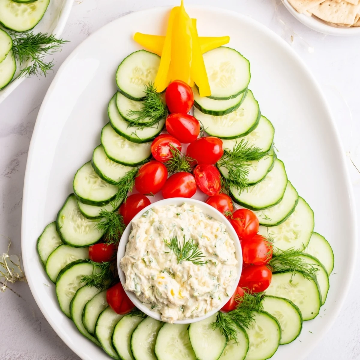Festive Cucumber and Tomato Tree Dip Platter with creamy dip and vibrant veggie ornaments, perfect for gatherings.