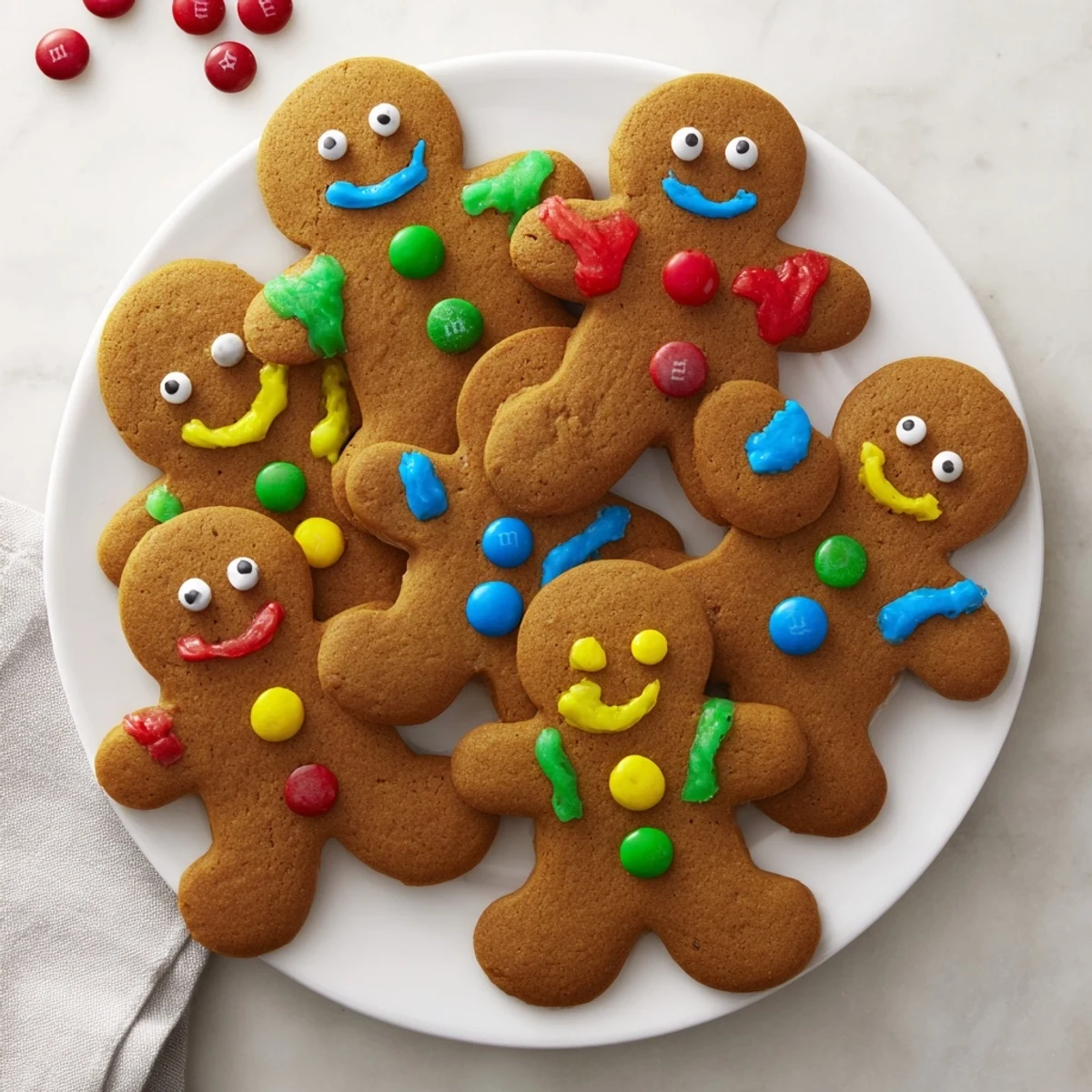 Warm, spiced gingerbread people cookies ready for decorating with colorful royal icing and candies.