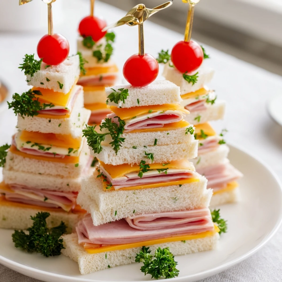 Cheesy, savory mini sandwiches: Ham and cheese Christmas tree towers cut for a fun holiday appetizer.