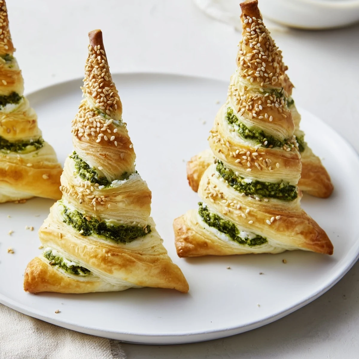 Golden-brown puff pastry Christmas tree appetizer, filled with creamy, herbed cheese, ready to enjoy.