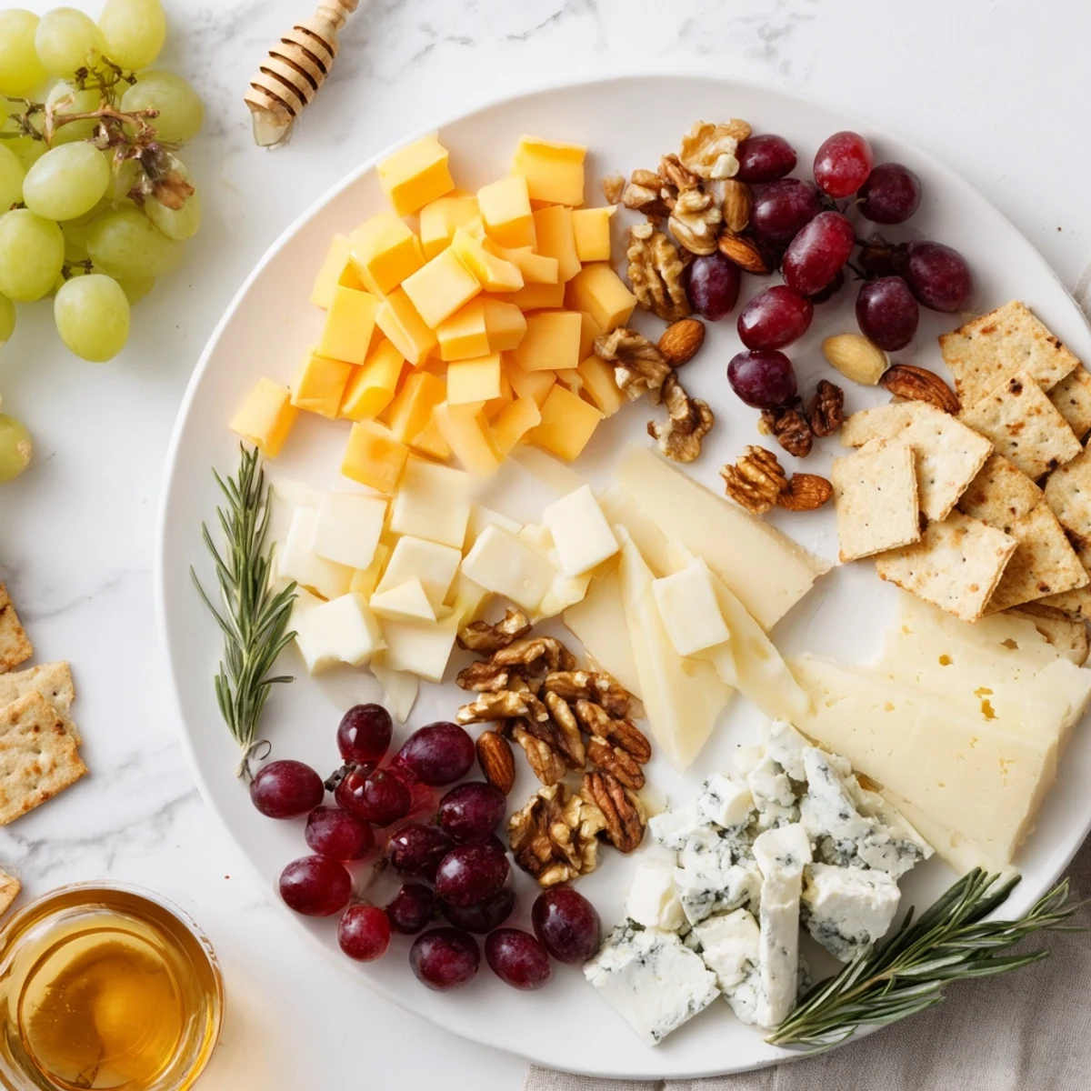 A vibrant Cheese & Fruit Cranberry Grape Man Cheese Board, ready to serve with honey and nuts.