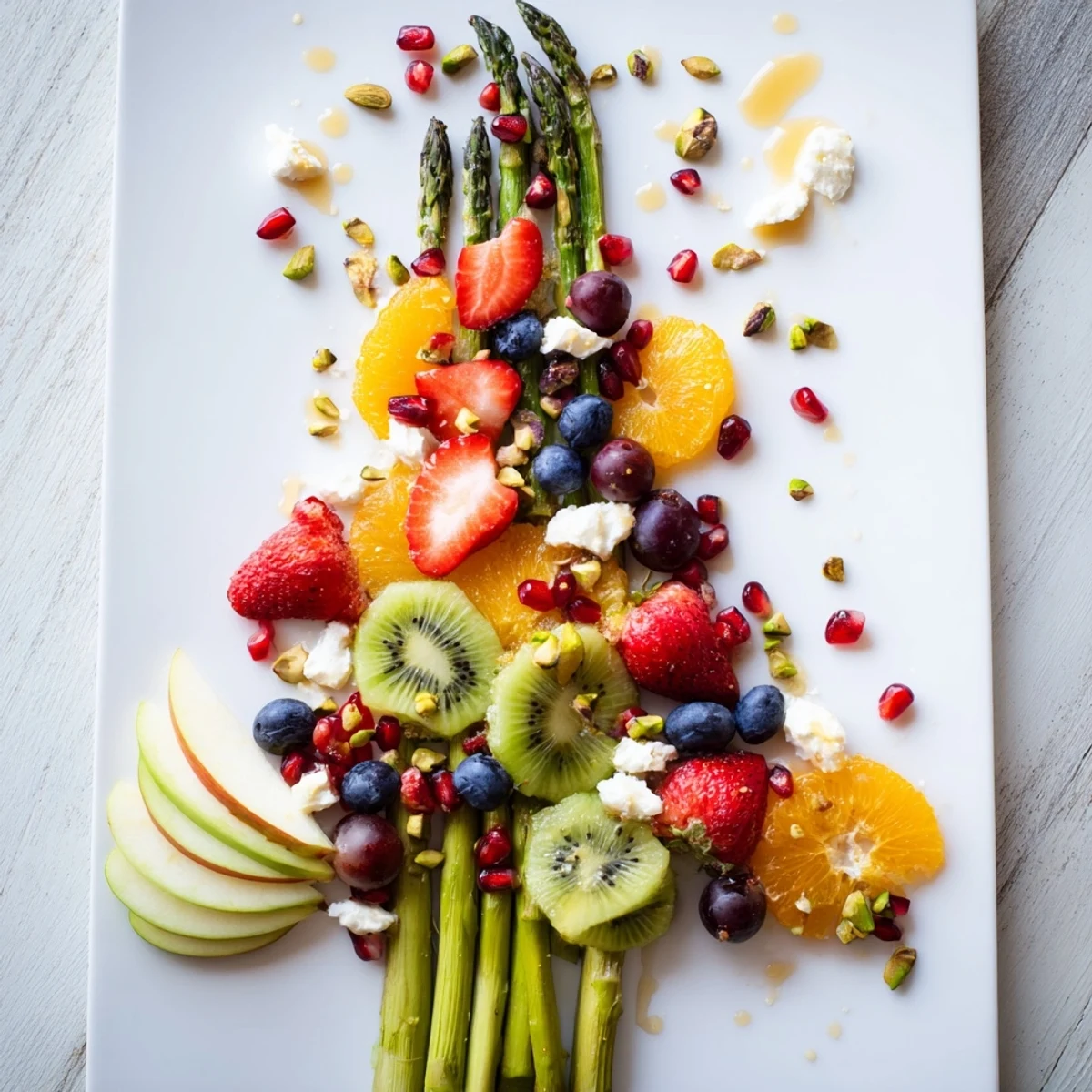 A gorgeous Asparagus Stem Floral Fruit Board features vibrant fruits artfully arranged with asparagus "branches."