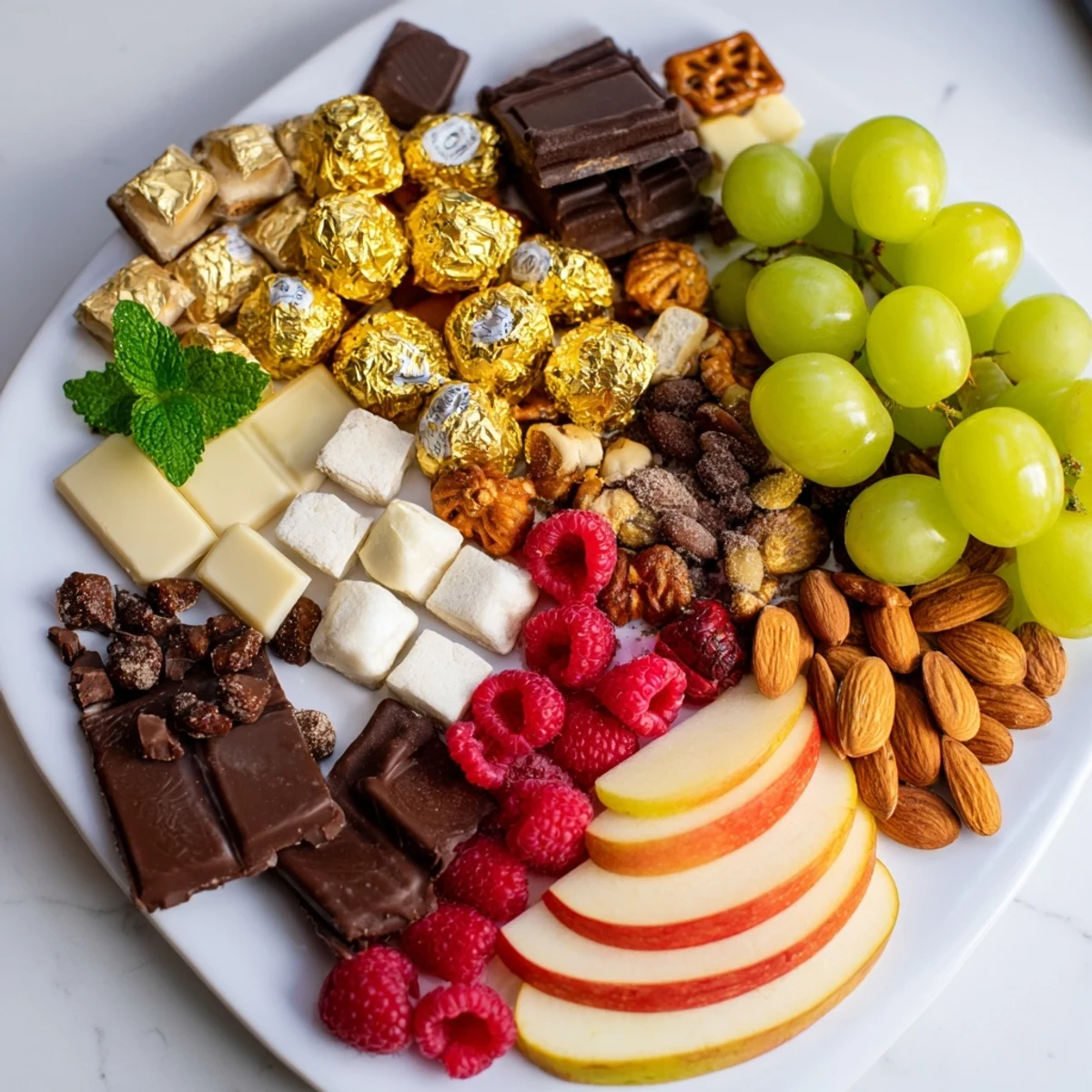A beautiful New Years Gold Foil Wrapped Chocolate Board, overflowing with glistening chocolates and fresh fruit.