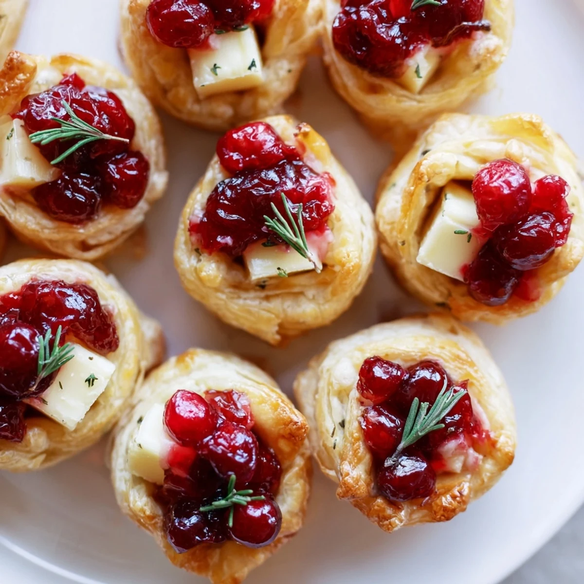 Golden-brown Mini Cranberry Brie Tart Wreath with a glistening cranberry topping, perfect for holiday entertaining.