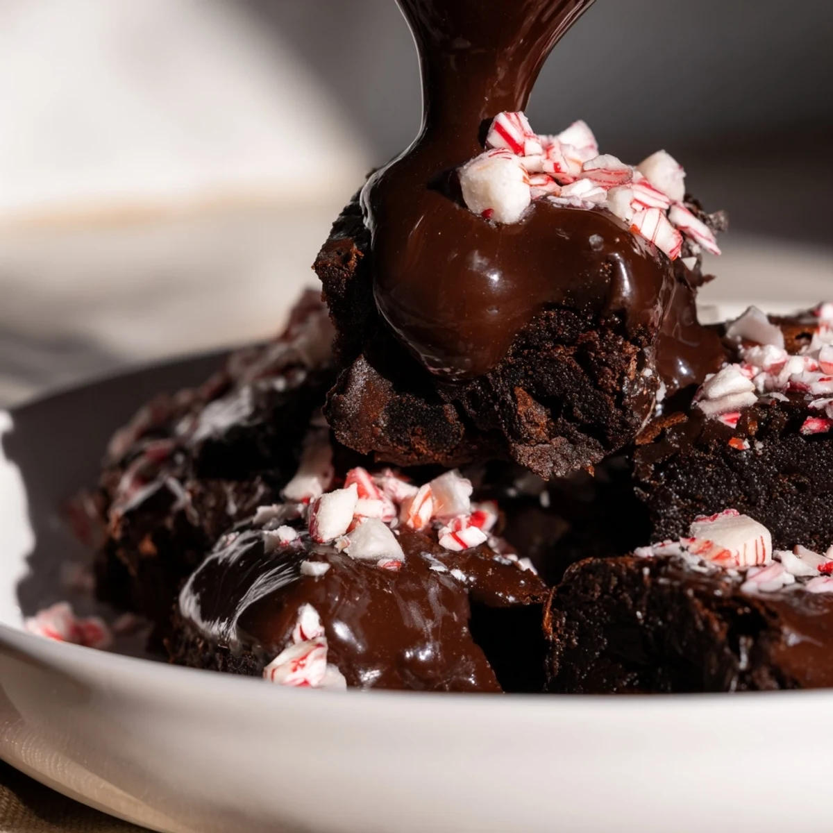 Warm, fudgy Peppermint Mocha Brownie Bites topped with a glossy chocolate glaze, ready to enjoy.