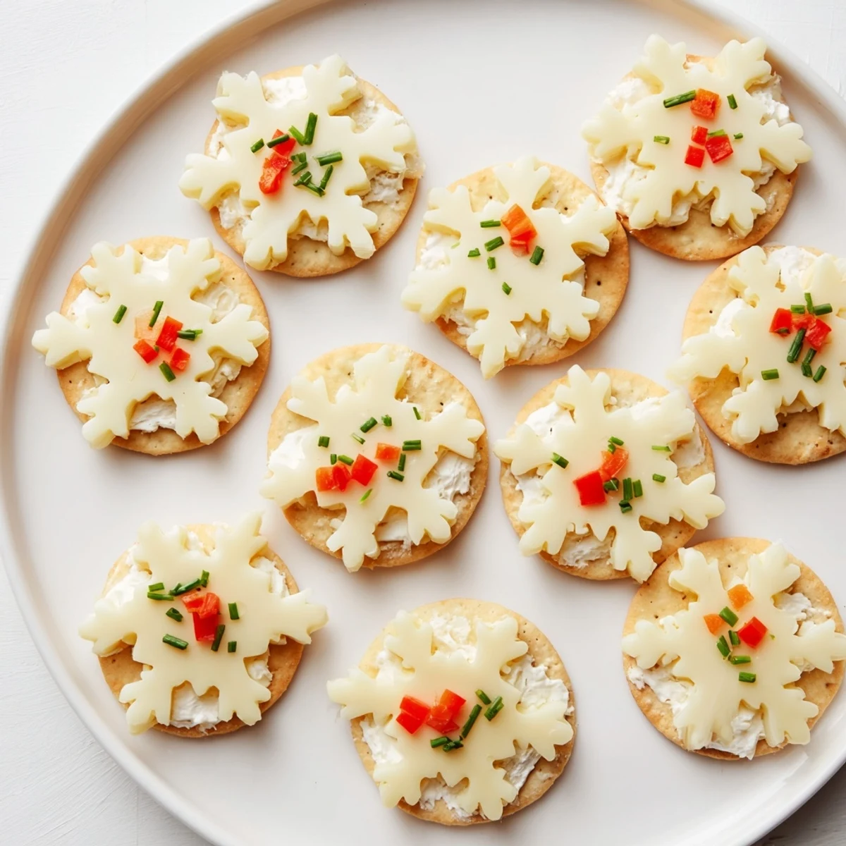 Freshly made savory cracker and cheese snowflake bites, a beautiful appetizer for holiday parties.
