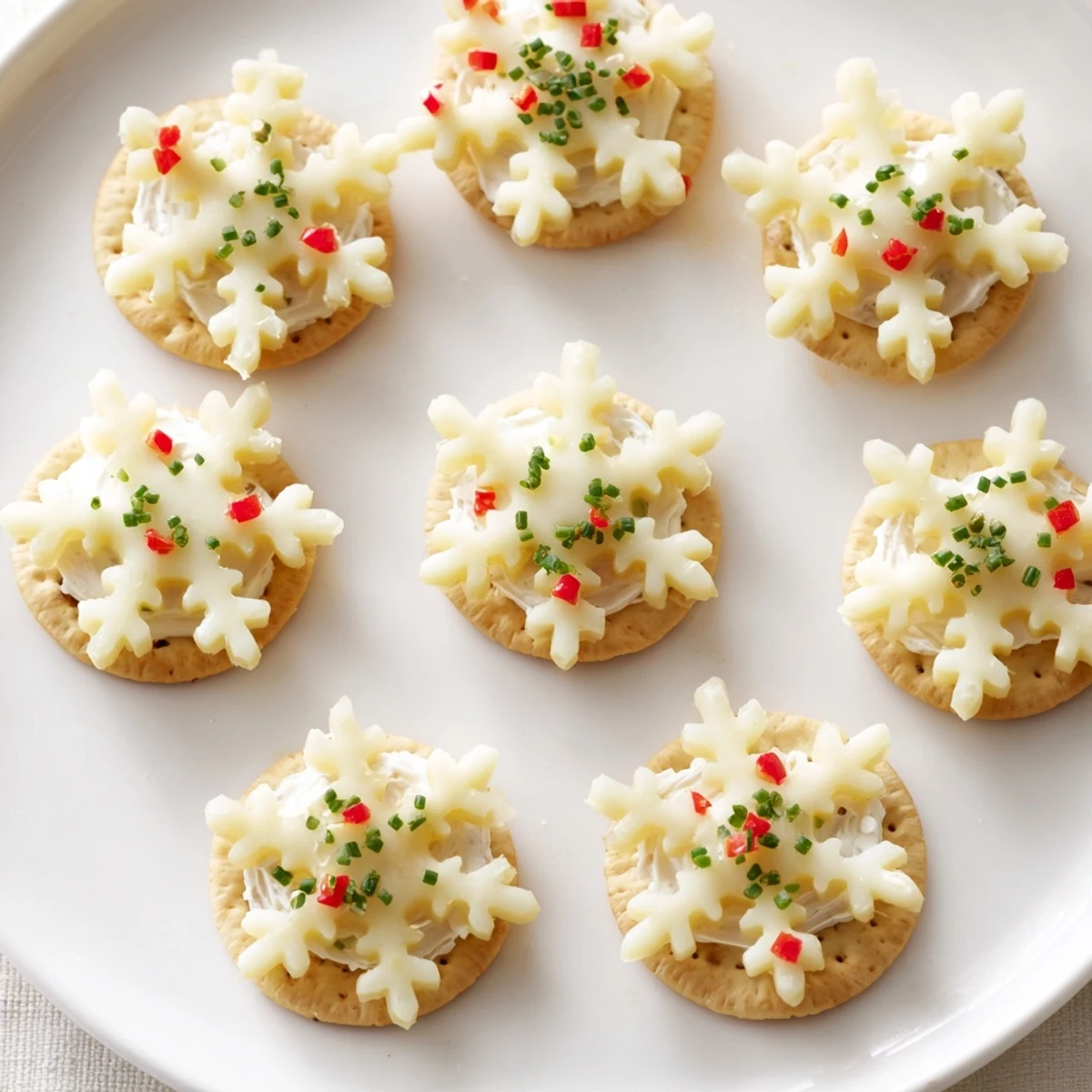 Close-up of elegant savory cracker and cheese snowflake appetizers, garnished with herbs and pepper.