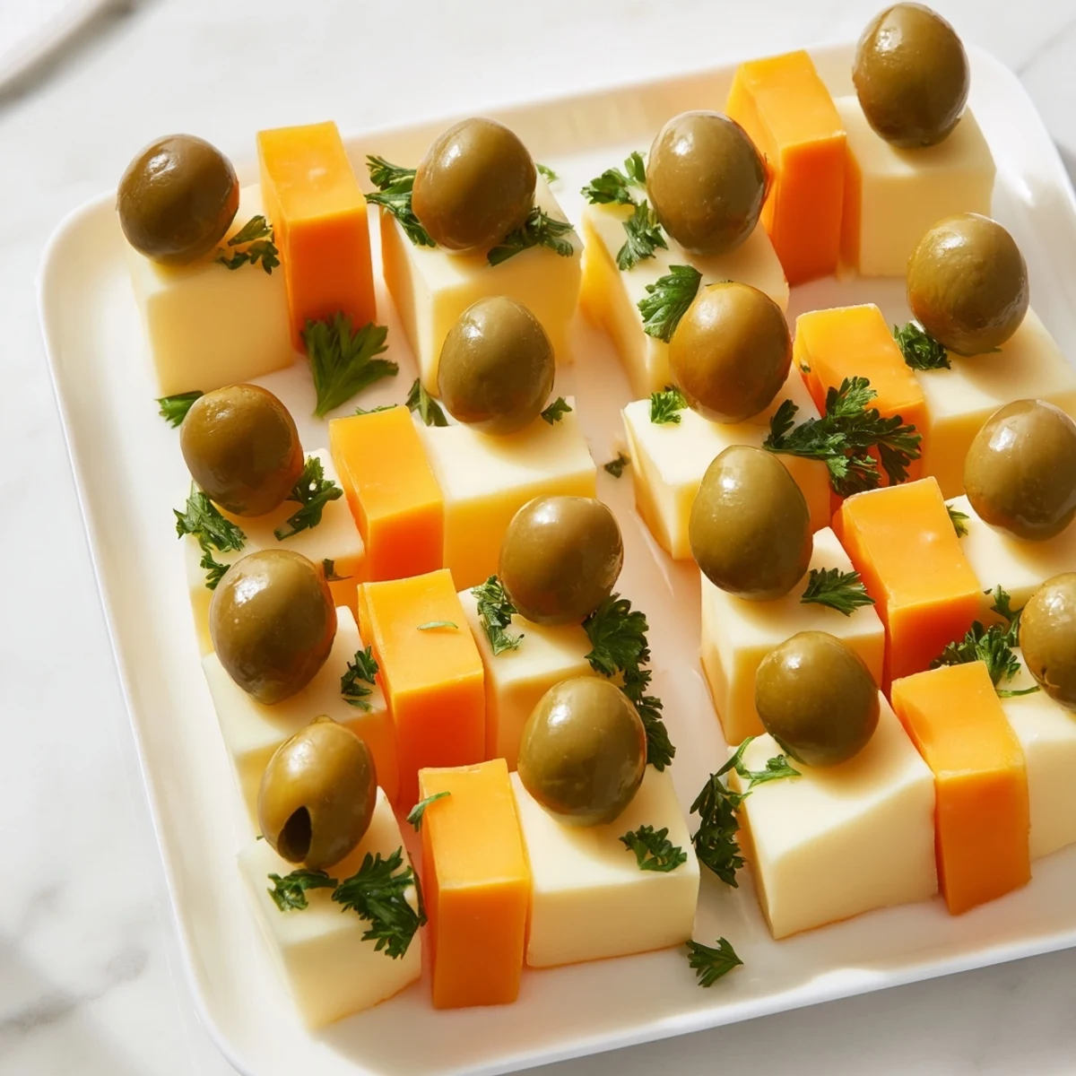 Vibrant square appetizer picture featuring a Cheese and Olive Chess Board, perfect salty snack for parties paired with crackers.