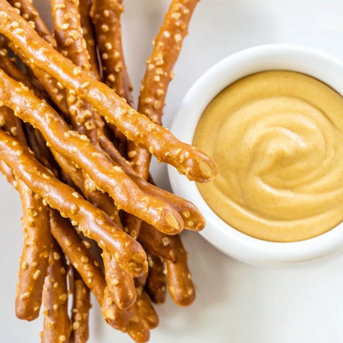 Close-up of pretzel rods with an easy-to-make, creamy hot mustard dip; a fantastic appetizer.