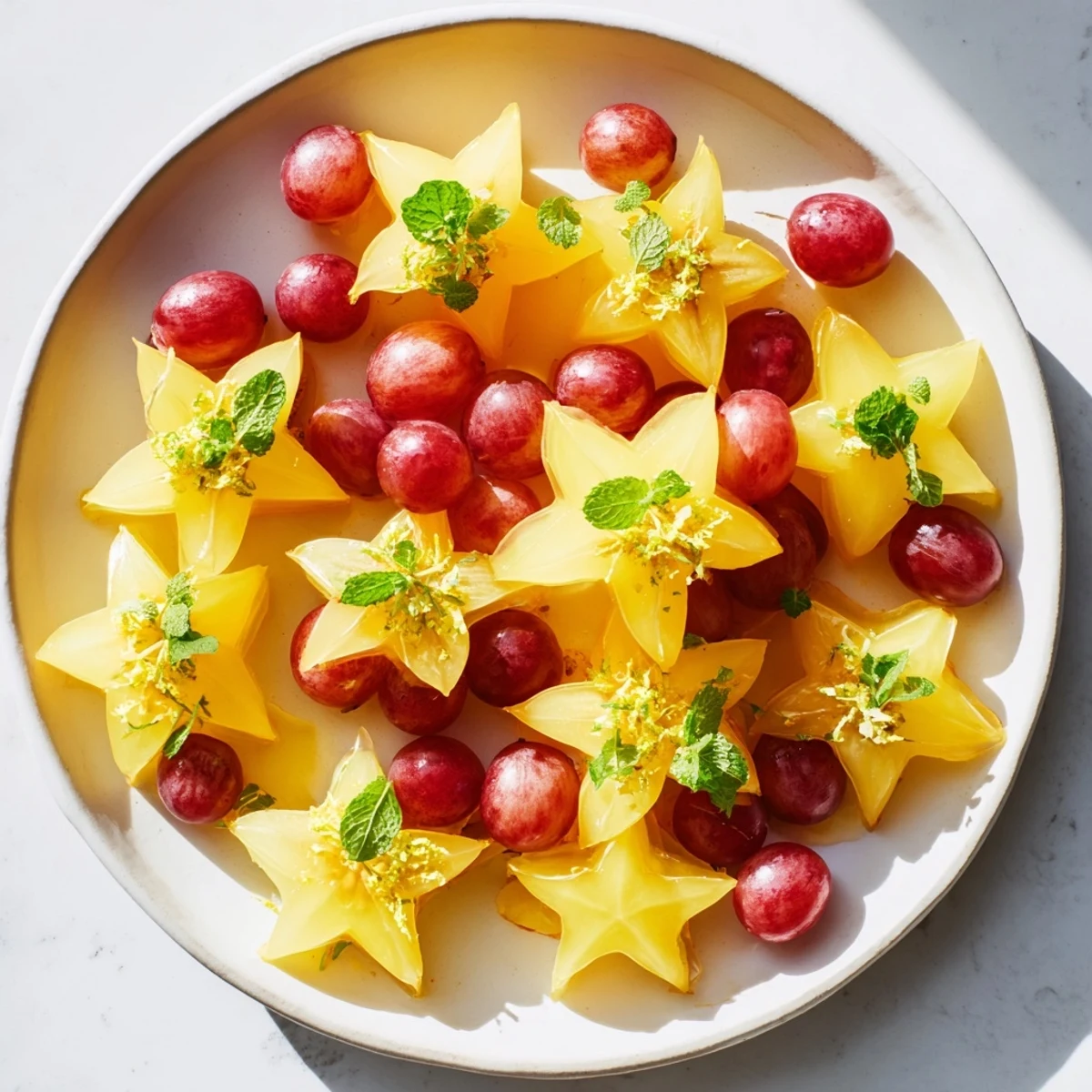 Bright, star-shaped starfruit slices and grapes, a visually appealing brunch side dish ready to serve.