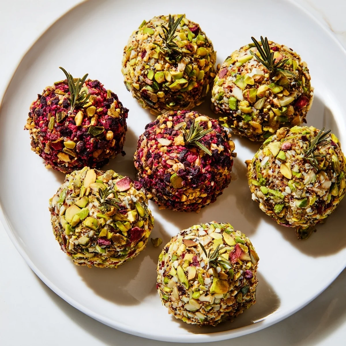 Festive Holiday Ornament Clusters, cheese balls rolled in fun toppings, ready for holiday snacks.