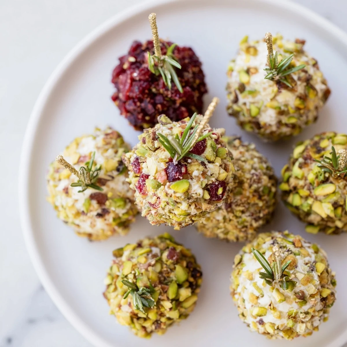 A platter of vibrant Holiday Ornament Clusters, decorated with rosemary as Christmas appetizers.