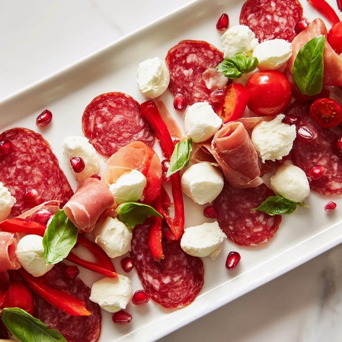 Festive Candy Cane Zigzag charcuterie board with sliced salami and mozzarella, ready to serve and enjoy.