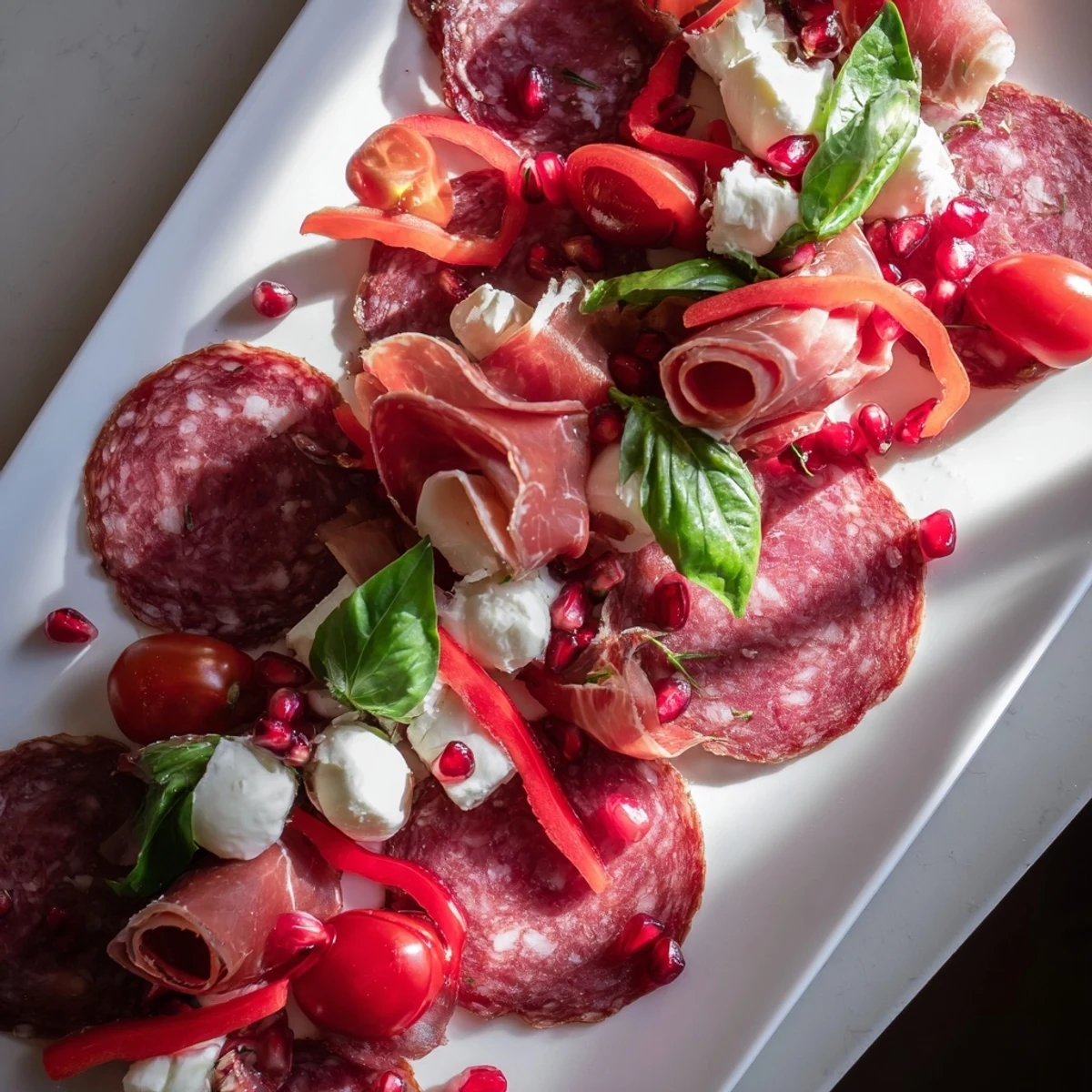 Delicious, holiday-themed Candy Cane Zigzag charcuterie arrangement featuring vibrant red elements and fresh herbs.
