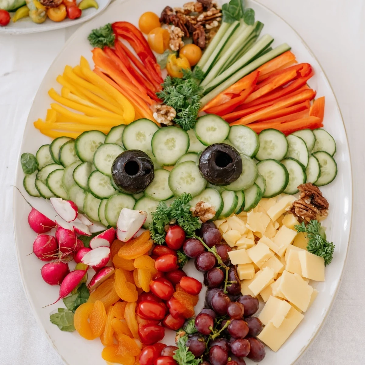 A colorful The Masquerade Mask appetizer platter with vibrant vegetables and cheeses, perfect for parties.