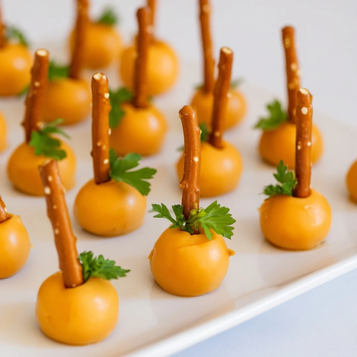 Get ready for autumn! This The Pumpkin Patch snack includes cheese balls and pretzel stems, ready to serve.