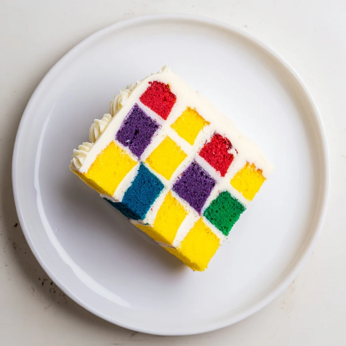 A delicious slice of The Cozy Quilt Patchwork Cake showcasing its patchwork design and creamy frosting.