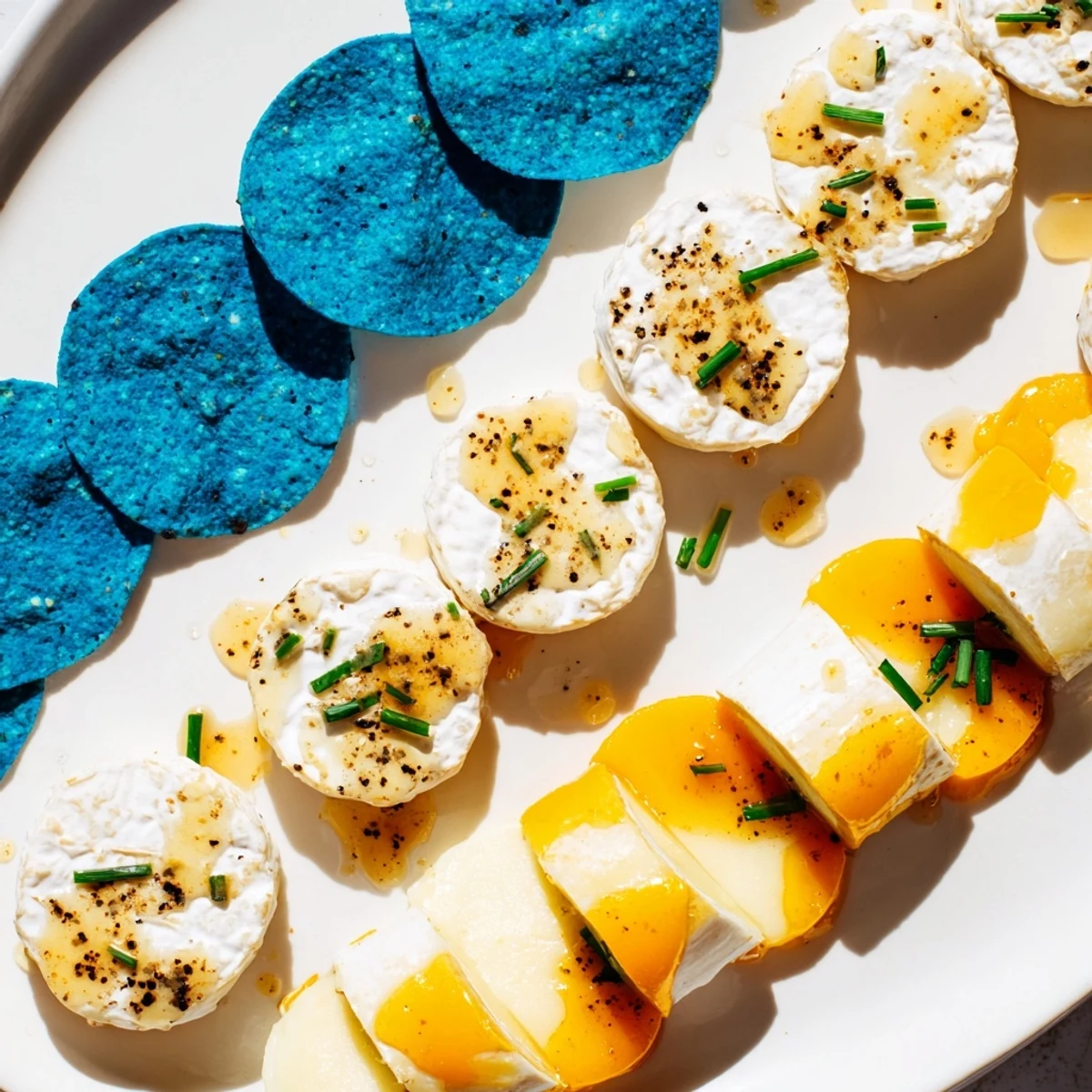 Vibrant platter of The Stepping Stones appetizer, featuring cheese rounds on blue corn chips and garnishes.