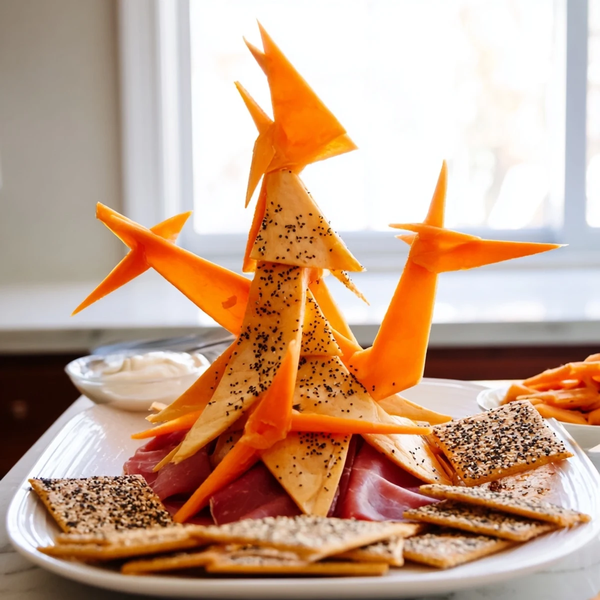 Impressive Paper Crane appetizer featuring folded meats and crunchy crackers, garnished with chives and sesame seeds beautifully.