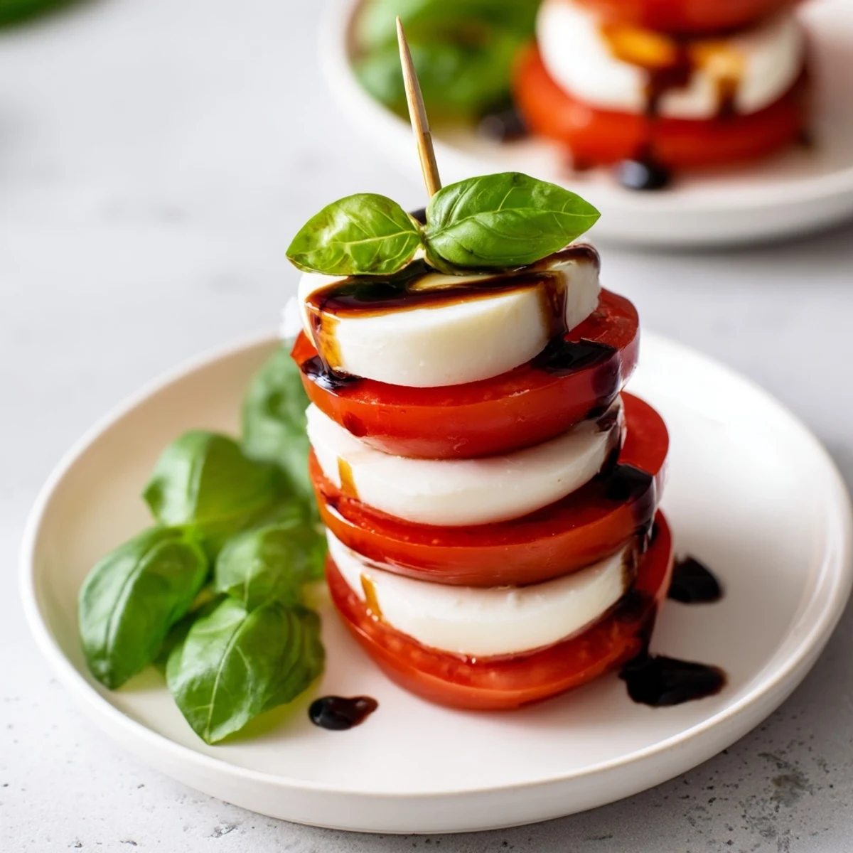 Fresh basil and juicy tomato layers make up this Tuscan Pillar appetizer, drizzled with glaze.