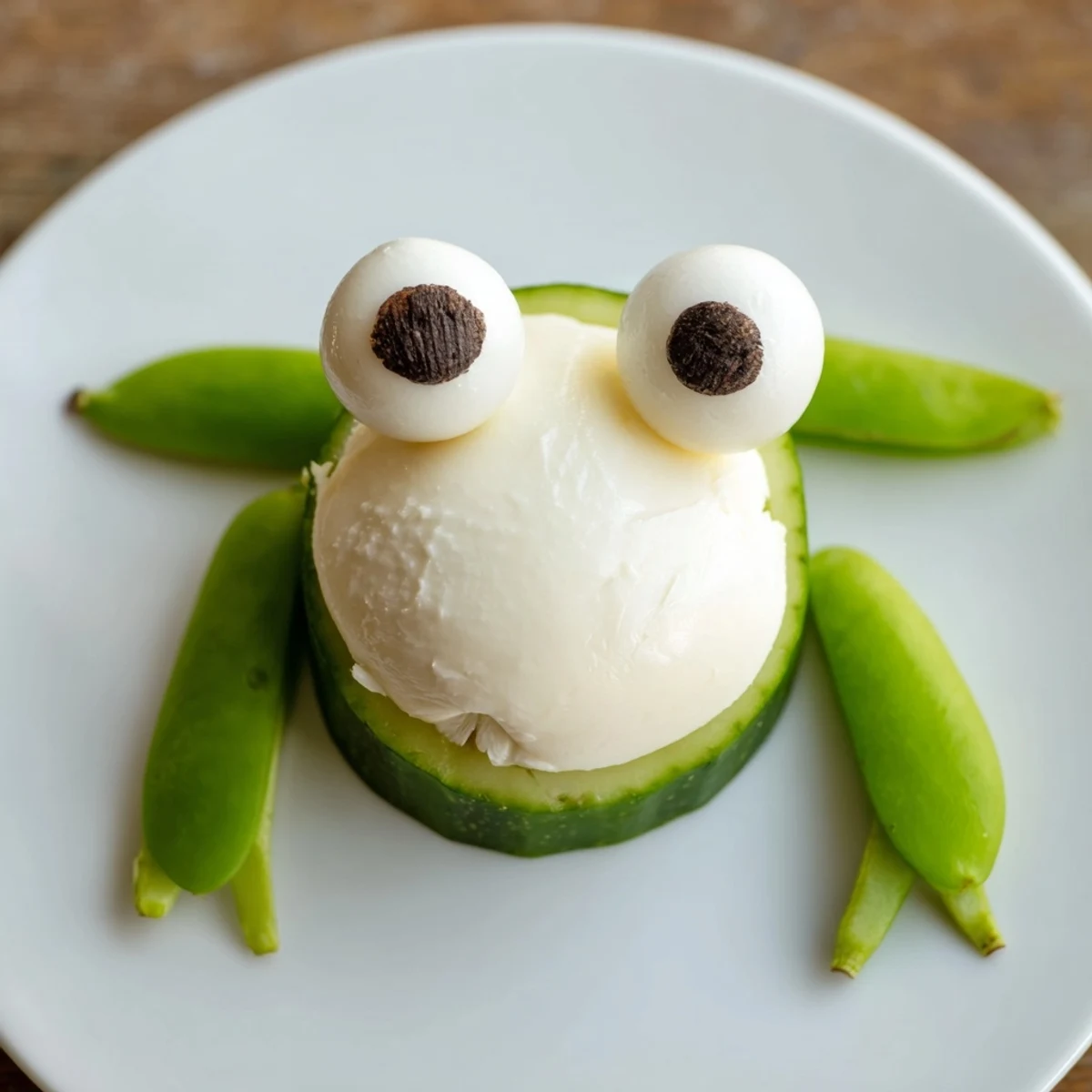 Whimsical Frog Pond Snack Tray: Cucumber lily pads hold mozzarella frogs with candy eyes and pretzel reeds.