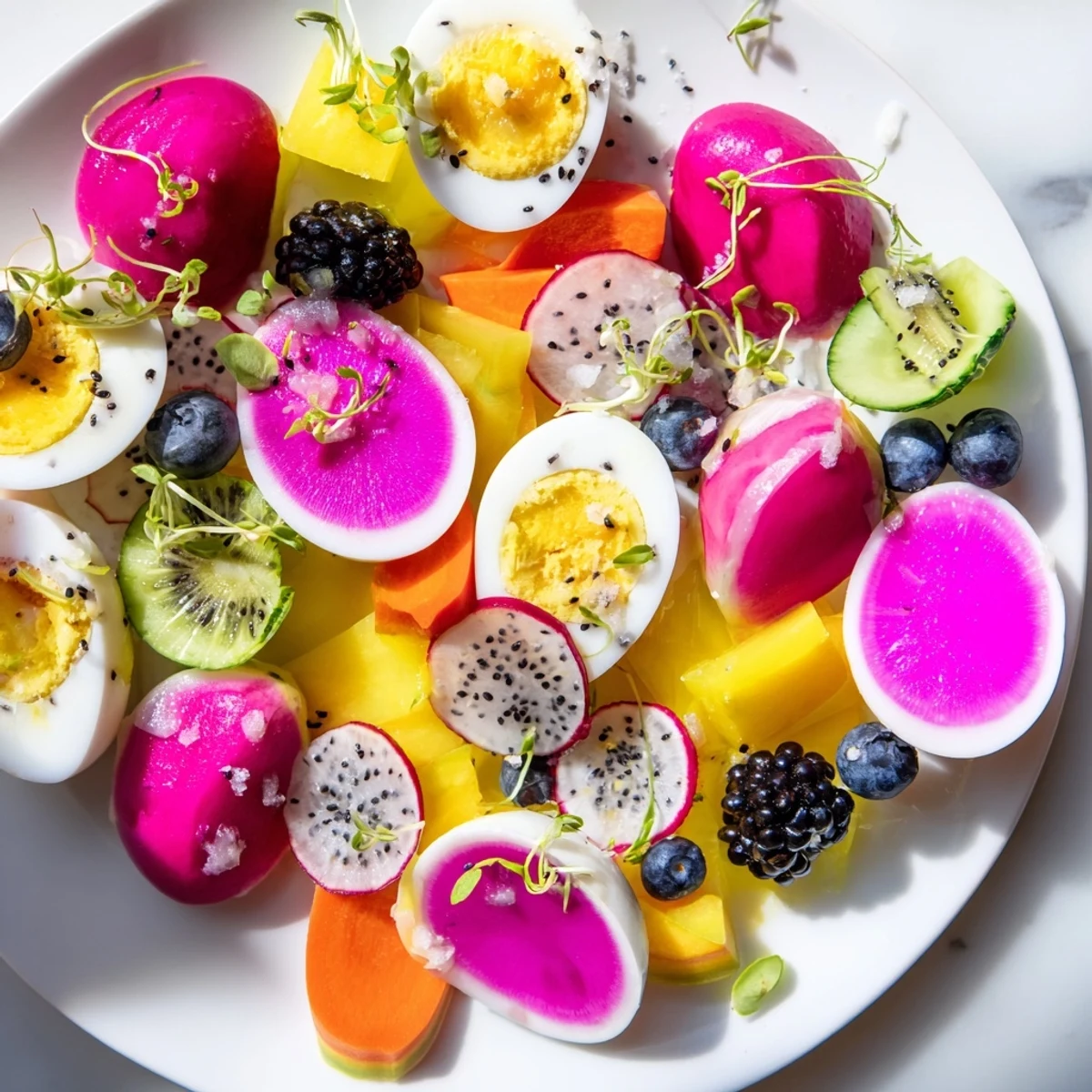 Imagine The Neon Night: beautifully arranged colorful vegetables, fruit, and beet-dyed eggs ready to enjoy.