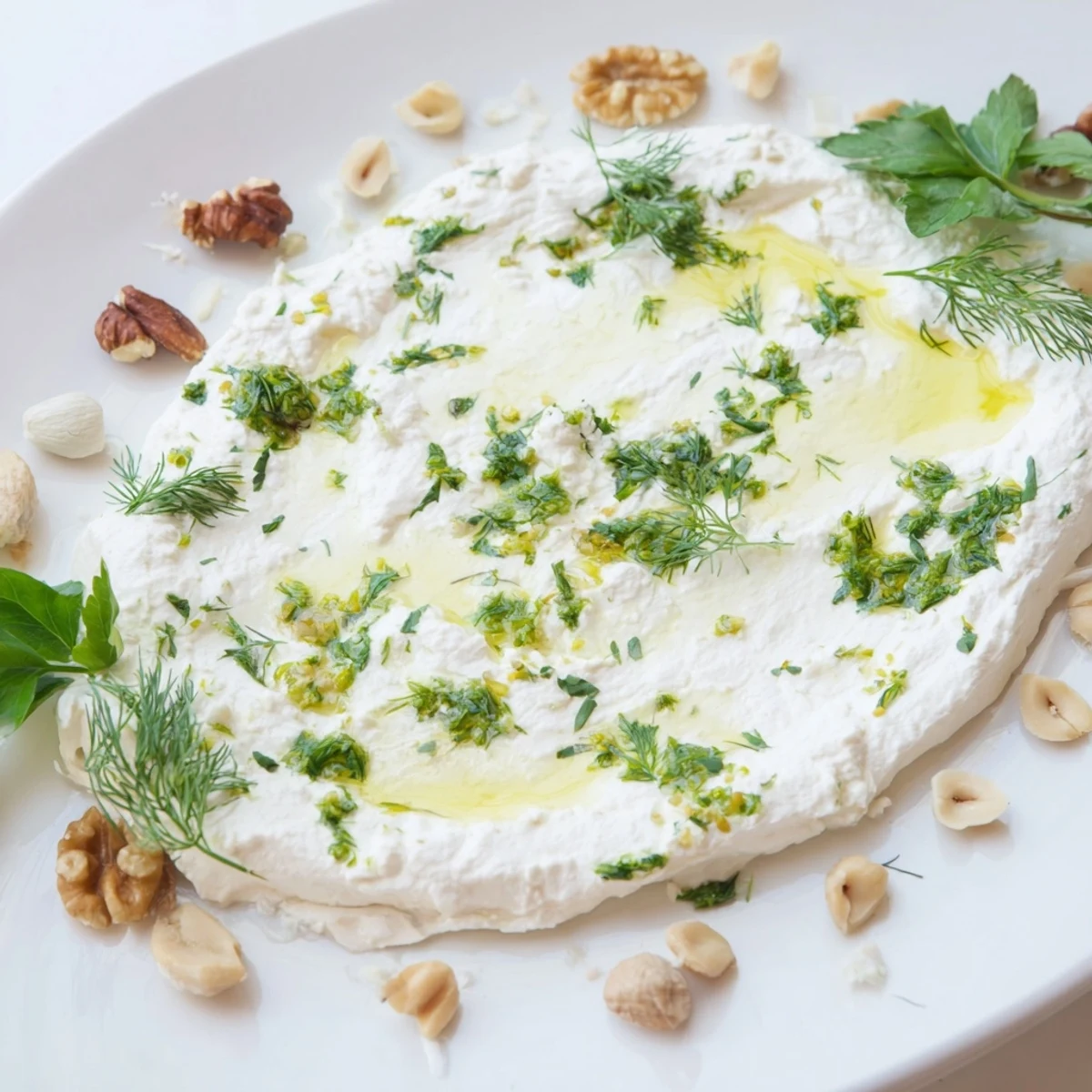 Creamy soft cheese "Fossil Record" appetizer with pressed herbs and rustic nuts looks delicious.