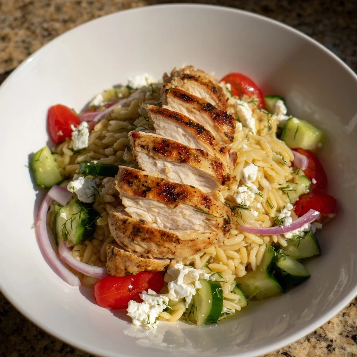 A Greek Chicken Gyro Pasta Bowl features sliced grilled chicken atop a bed of orzo, drizzled with creamy sauce.