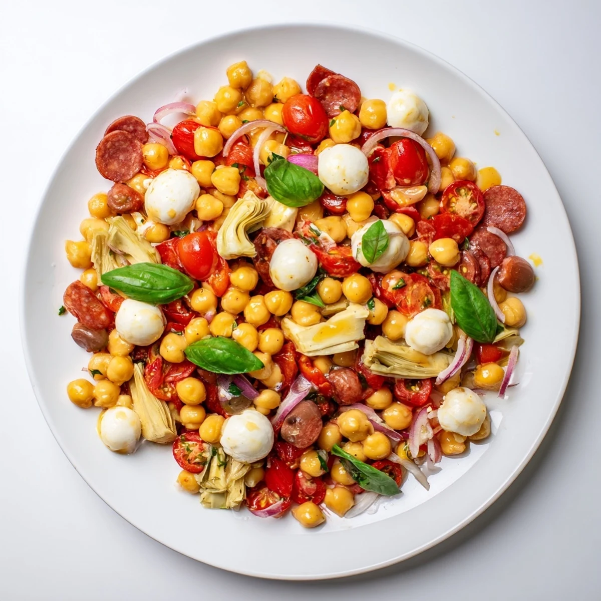 A delicious bowl of Antipasto Chickpea Salad with savory pepperoni and fresh basil, ready to enjoy.