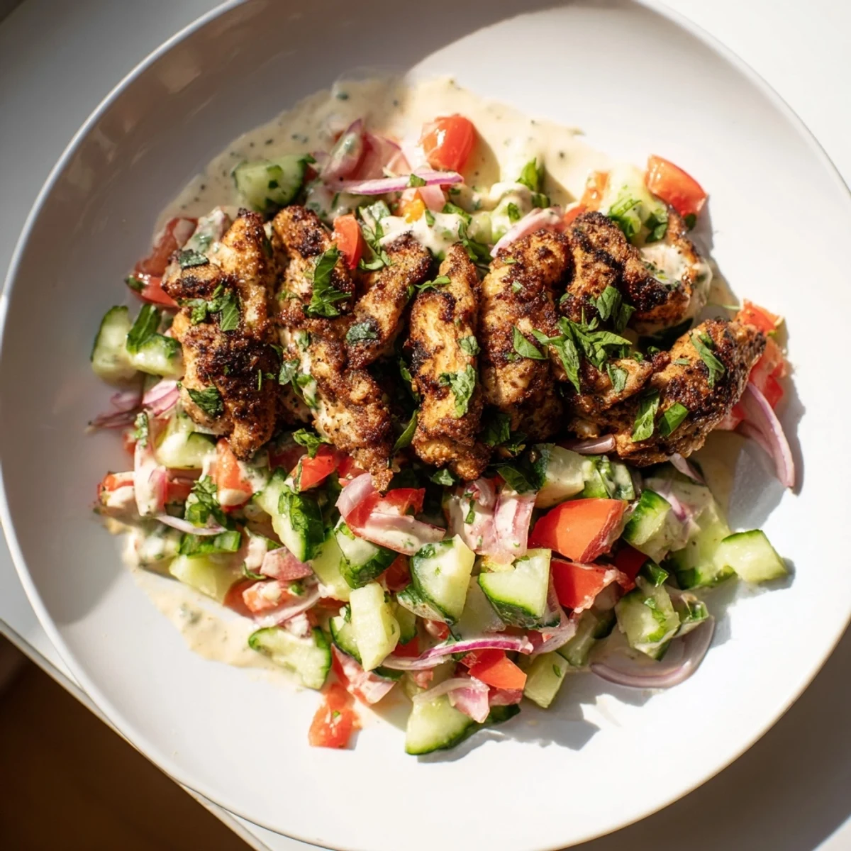 Golden-brown chicken shawarma salad with creamy tahini dressing, a Middle Eastern delight.