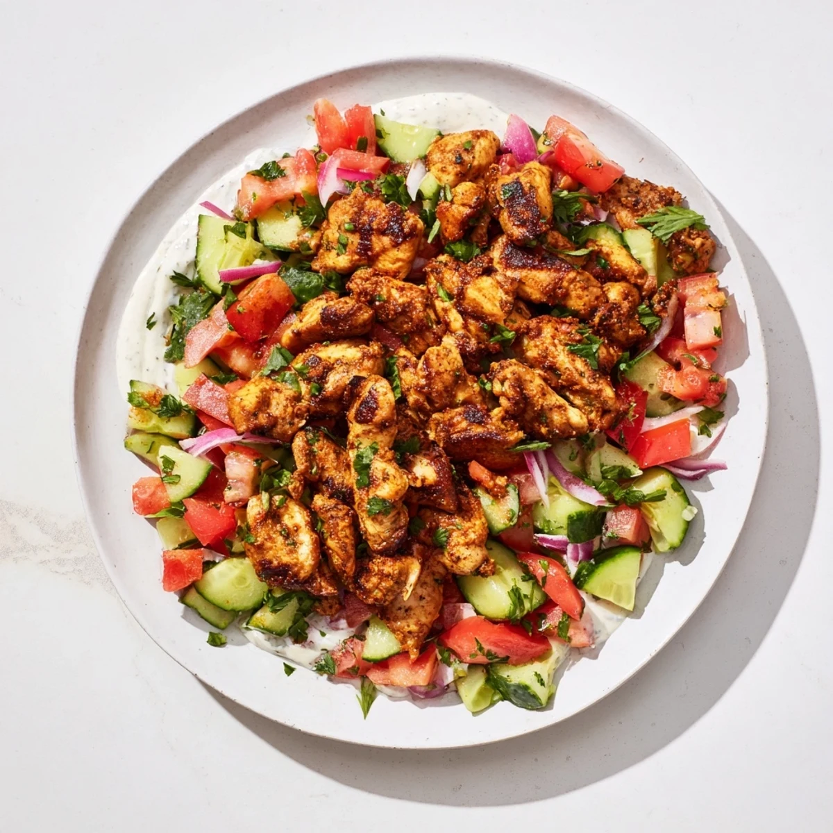 Freshly sliced chicken shawarma salad featuring vibrant vegetables drizzled with tahini.