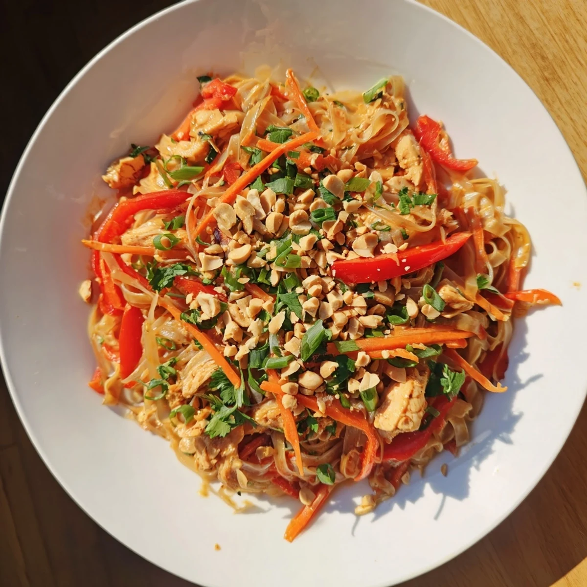Thai-Inspired Peanut Chicken Pasta, a delicious bowl of noodles and chicken with peanuts scattered on top.