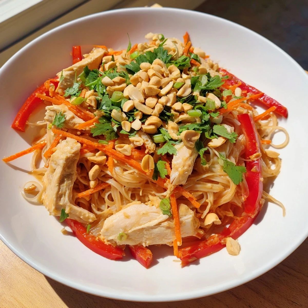 A close-up view of the Thai-Inspired Peanut Chicken Pasta, perfect for a cold and satisfying summer meal.