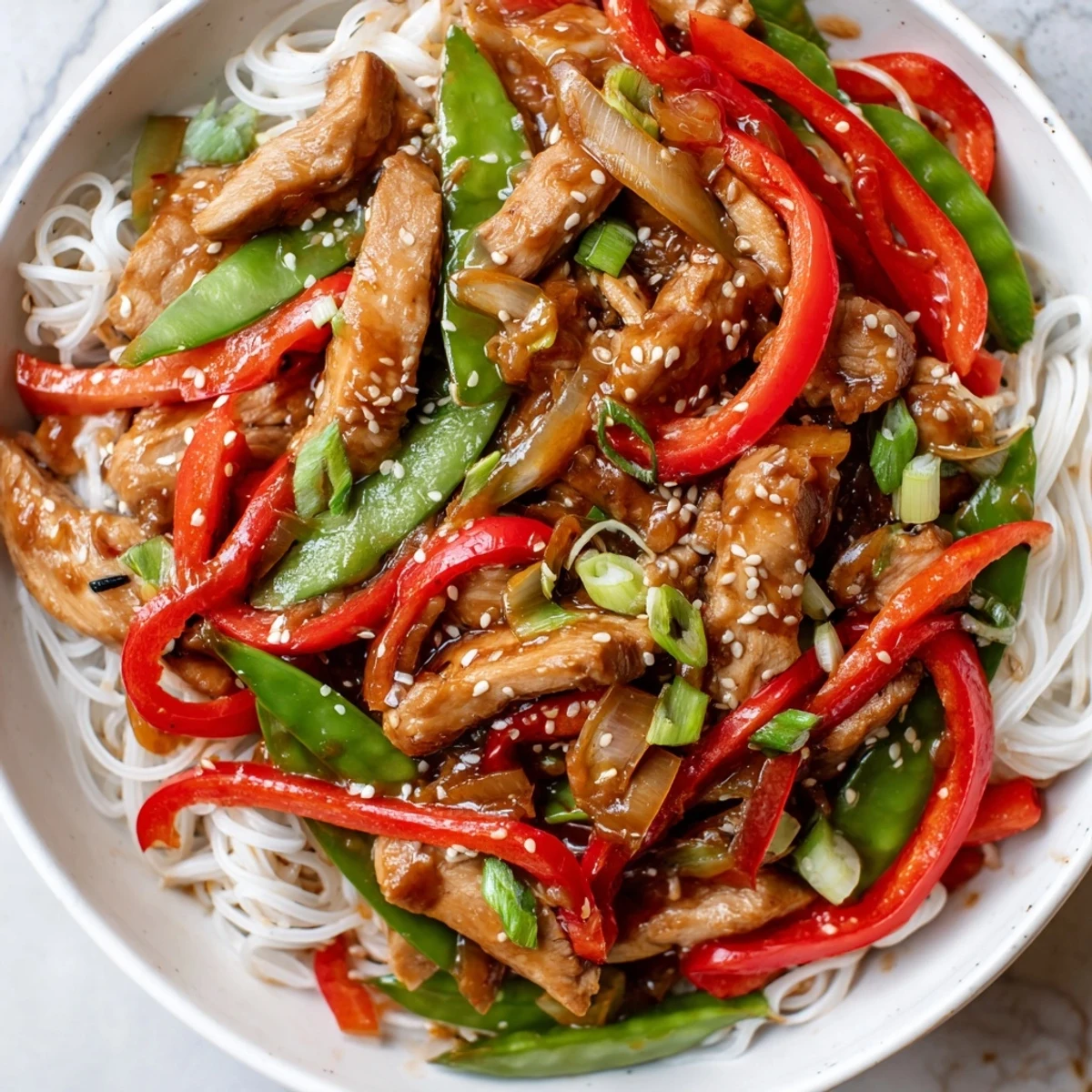 Mongolian Chicken with Rice Noodles: A savory stir-fry showcasing glistening chicken and colorful veggies.