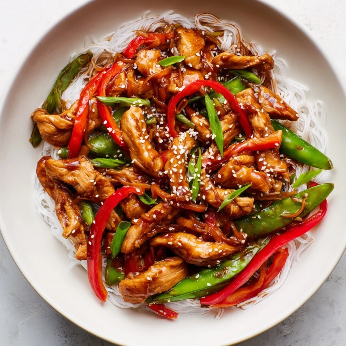 Close-up of freshly cooked Mongolian Chicken with Rice Noodles; the flavorful sauce coats everything perfectly.