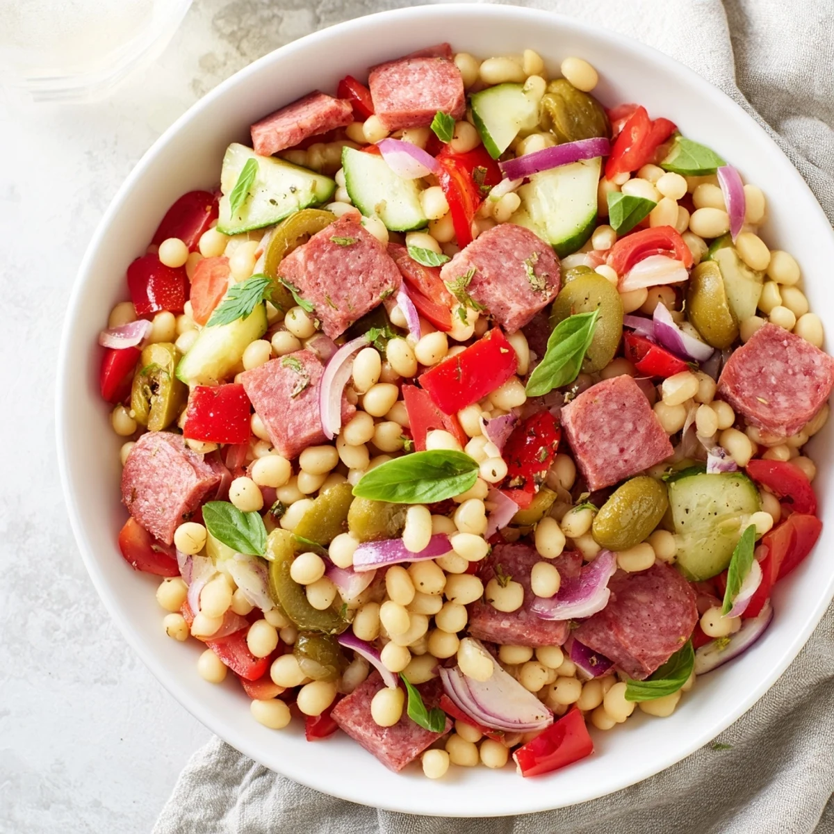 Close-up of vibrant Mediterranean Dense Bean Salad with salami, a delicious and protein-packed meal.