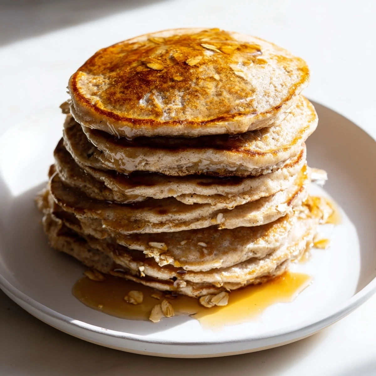Freshly cooked banana oat pancakes ready to eat, drizzled with maple syrup for a perfect morning treat.