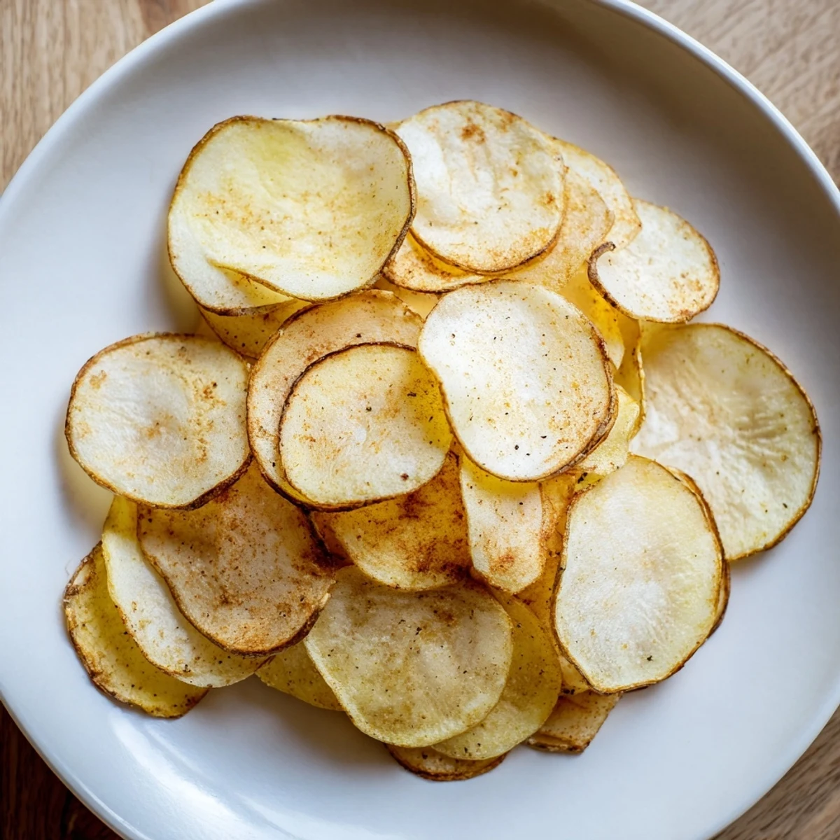 Golden, crispy air-fryer potato chips, perfectly seasoned and ready for a satisfying snack.