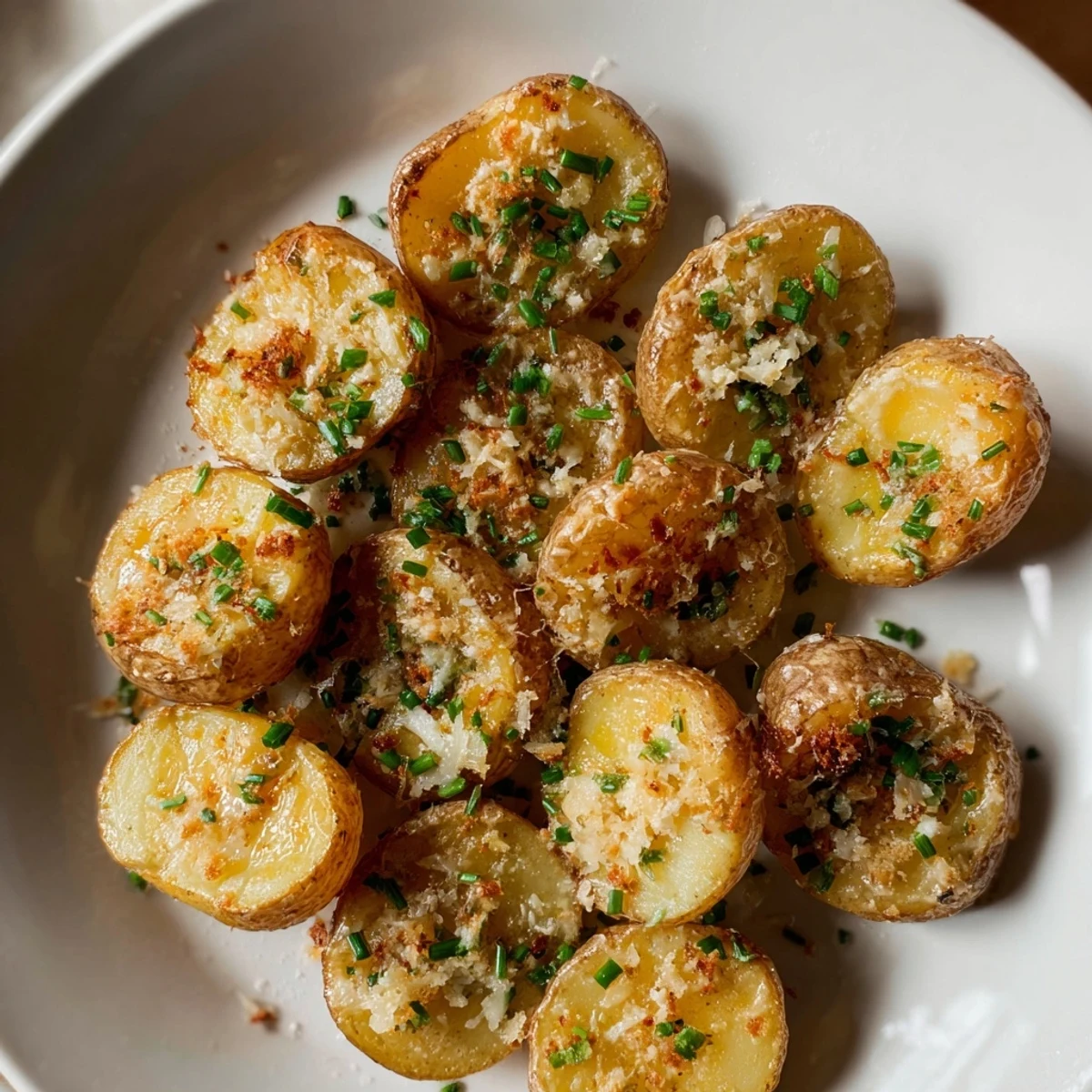Garnished Parmesan smashed potatoes with parsley, offering a savory aroma and perfect side for dinner.