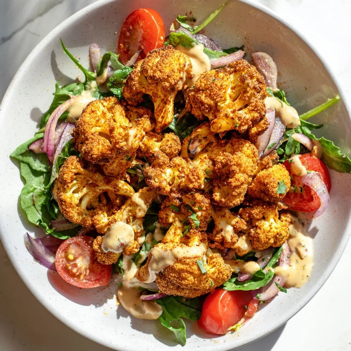 Fresh, bright Crispy Cauliflower Salad featuring colorful tomatoes, red onion, and vibrant greens drizzled.