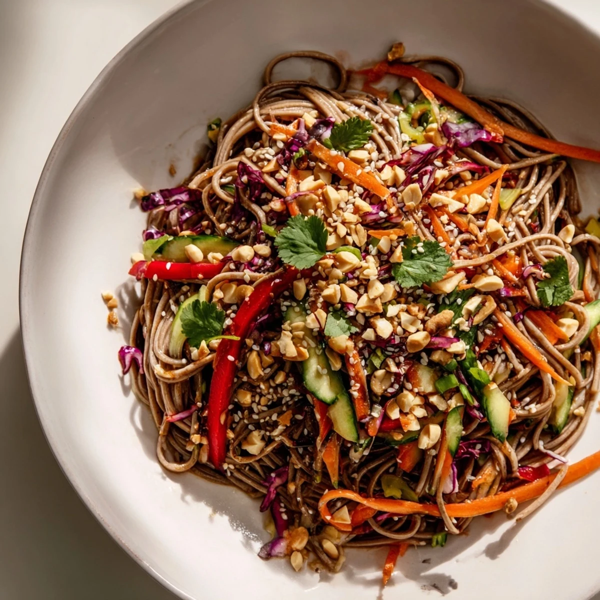 Vibrant cold noodle salad with sesame-ginger dressing, full of colorful, crisp vegetables.