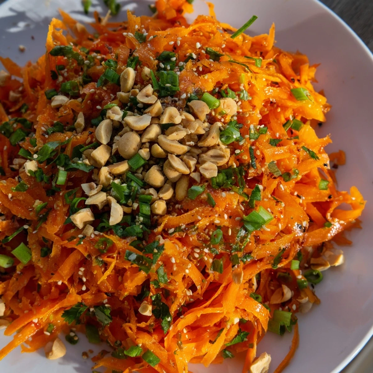 Fresh Asian-inspired Spicy Carrot Salad, perfect side dish with hints of chili displayed beautifully.