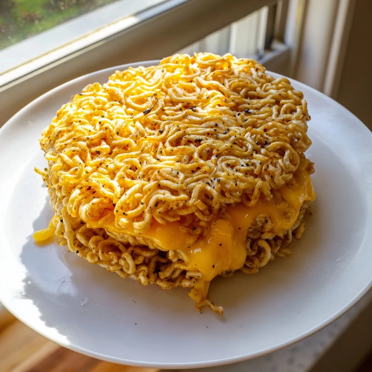 Golden-brown Ramen Grilled Cheese sandwich, oozing melted cheese, a fun and easy lunch idea.