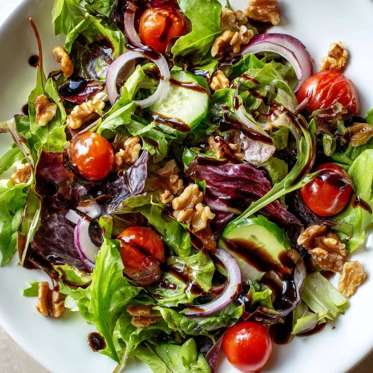 Fresh Quick Balsamic Vinegar Salad, tossed in a tangy balsamic glaze, ready to enjoy.