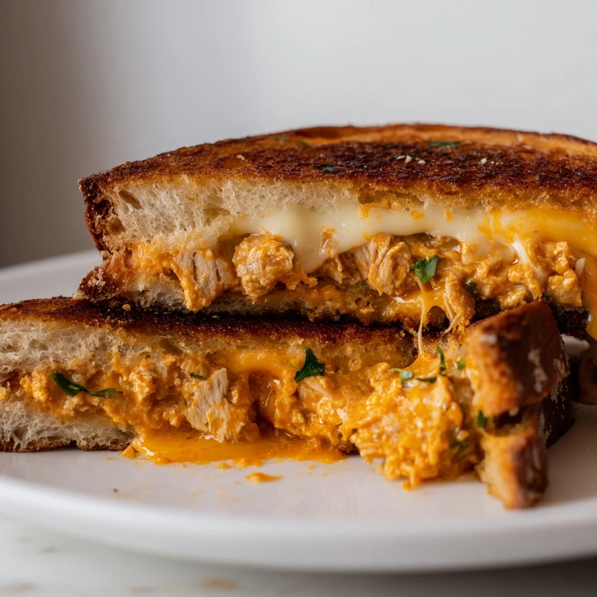 Melted mozzarella and cheddar perfectly hug the flavorful butter chicken in this grilled cheese sandwich.