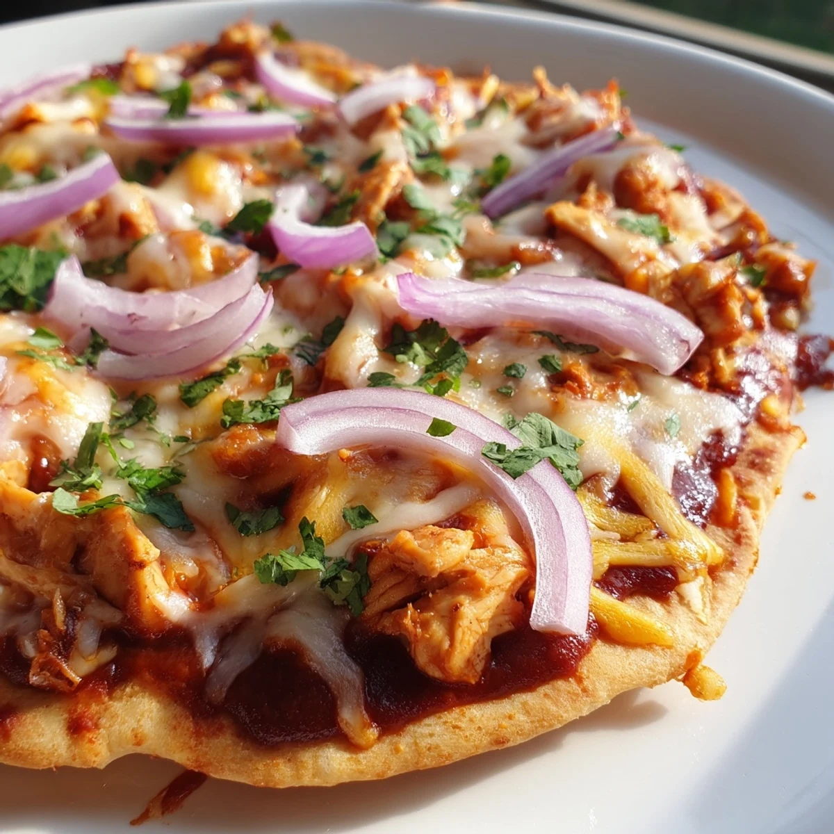 BBQ Chicken Flatbread, a bubbling, cheesy flatbread with flavorful chicken and fresh cilantro.